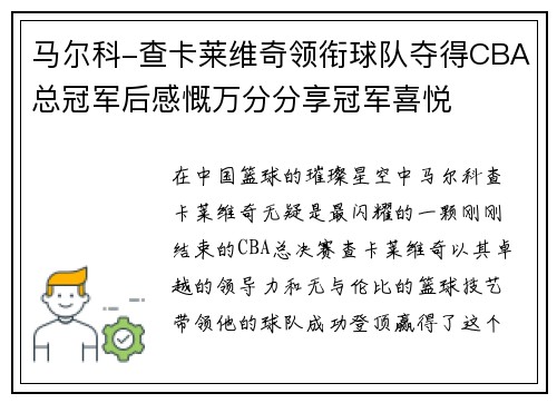 马尔科-查卡莱维奇领衔球队夺得CBA总冠军后感慨万分分享冠军喜悦